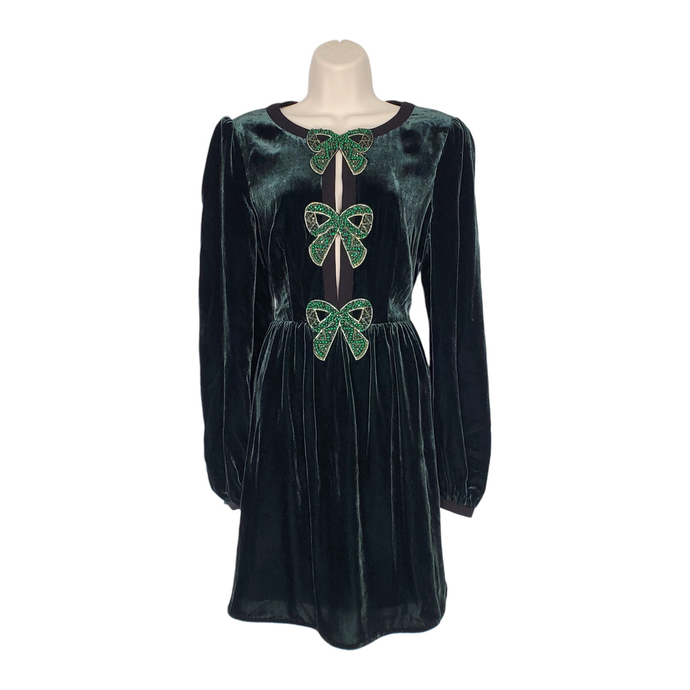 Saloni Camille Velvet Embellished Bow Mini Dress Forest Emerald Green Bow Size 6